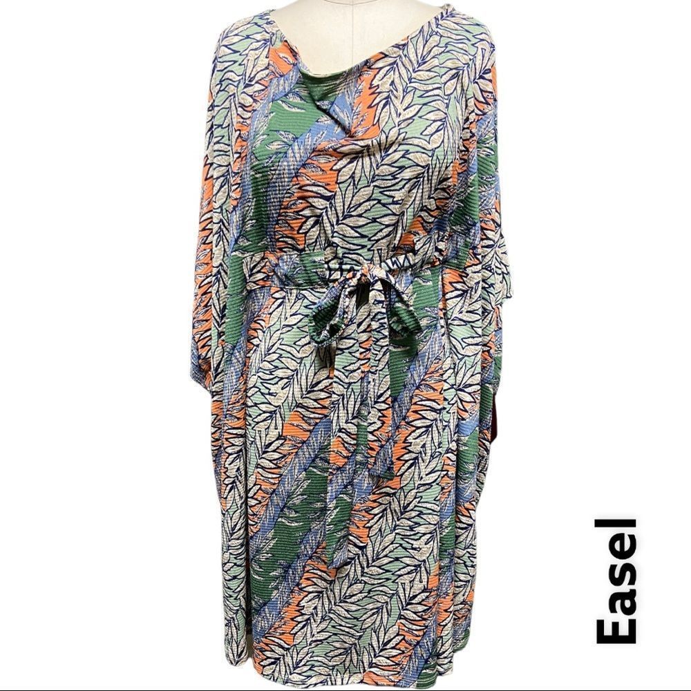 EASEL colorful floral print batwing cinch waist mini orange green dress + size S